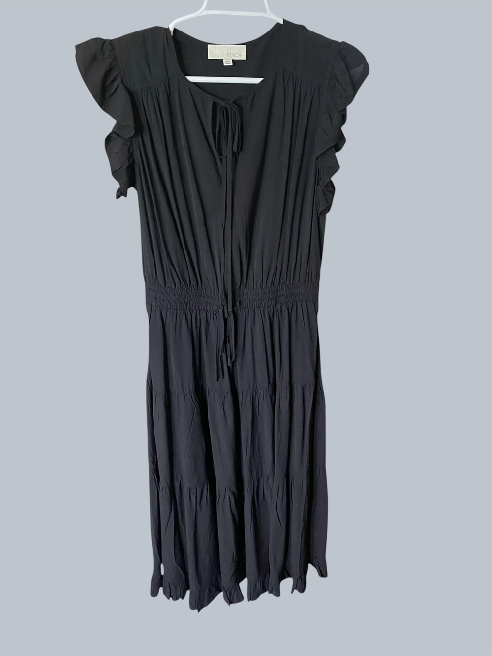 Pinch Women’s Black Midi Dress Size M Ruffle Sleeve Smocked Waist Tie